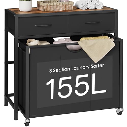 Laundry Sorter 3 Section with Tabletop & 2 Drawers, Rolling