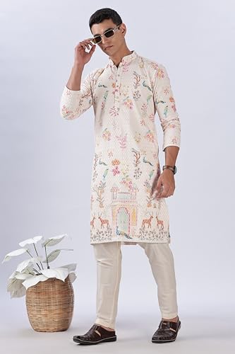 Image of BE ACTIVE Men's Cotton | Regular Fit Casual Mandarin Collar | Long Length Full Sleeves | Embroidered Indian Kurta