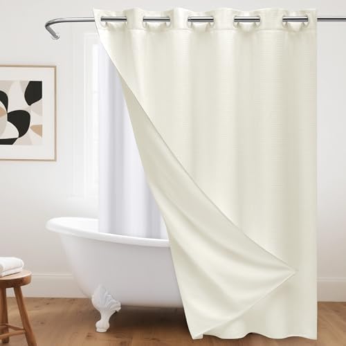 No Hook Waffle Weave Shower Curtain with Snap-in Fabric Liner,256GSM Heavy Duty Fabric Shower Curtain Set,Cream Waterproof Washable Luxury Shower Curtain for Bathroom Stall (72x75 Inch)