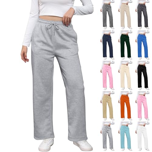 Grey Sweatpants Wide Leg Sweat Pants for Womens High Waisted Fleece Sweatpants with Pockets Y2k Baggy Comfy Athletic Jogger Pants Straight Leg Sweatpants Loose Wide Leg Lounge Pants Cute Winter Pants