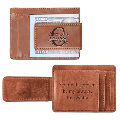 ubmpj Custom Wallets for Men Leather Money Clip with Engraved Text Initals Personalized Minimalist Wallet for Men Customized Gifts for Husband Dad Boyfriend -Oil Skin
