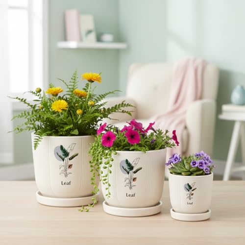 Image of Xtore Refreshing Botanical Ceramic Planter Set with Drainage Saucers | Decorative Planter Pots for Living Room & Modern Plant Display (Set of 3, Ivory Beige - Planters only)