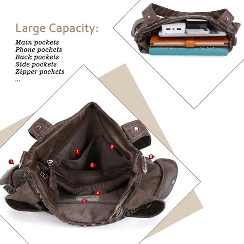 Image of Purses Women Handbags Large Double Zipper Multi Pocket Washed Shoulder Bags Purse with compartments Designer
