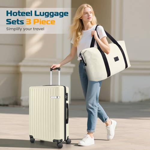 Image of Hoteel Luggage Sets 3 Piece, 4-Yr Warranty, PC+ABS Suitcases with Wheels and Side Hook, Hardshell 20 inch Luggage with Duffel Bag Travel Bag, Beige(20 /DB /TB)