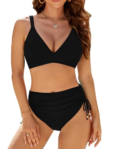 Edelqual Women's High Waist Bikini Set Tummy Control Swimsuits Two Pieces Bathing Swim Suits Push Up Tops Bottoms 2025 Full Coverage Swimwear Summer Beach Clothes (Black,L)