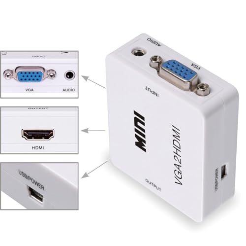 Image of VGA to HDMI, Mini HD 1080P 3.5mm Audio VGA to HDMI HD HDTV Video Converter Box Adapter VGA2HDMI for PC Laptop Dispaly Projector (VGA to HDMI)
