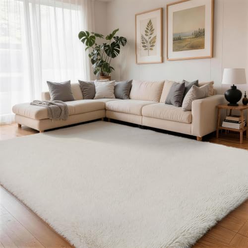 Image of SOANNY Rugs Living Room, Large Soft Fluffy Shaggy Non-Slip Machine Washable Carpet for Bedroom Office Lounge Playroom Nursery Bedside Dorm, 200x230cm, Cream White