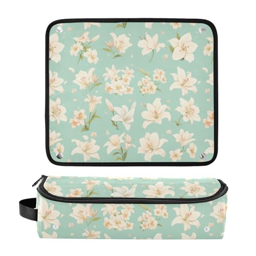 Retro Lilies Green Estuche de Viaje 2-en-1 con Alfombrilla Resistente al Calor para Plancha y Accesorios de Cuidado Capilar miniatura 3