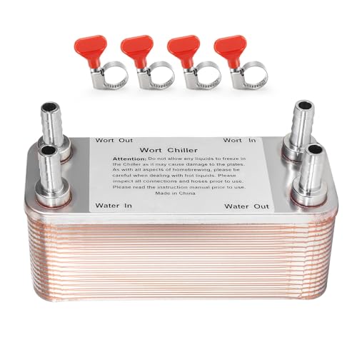 Image of Wort Chiller 30 Plates, 1/2 Barb Fitting Connection, Brazed Plate Copper Heat Exchanger for Homebrew, Stainless Steel 7.5" x 2.9" Plate, Hot Liquid Accelerated Cooler Quick Beer Cooling System