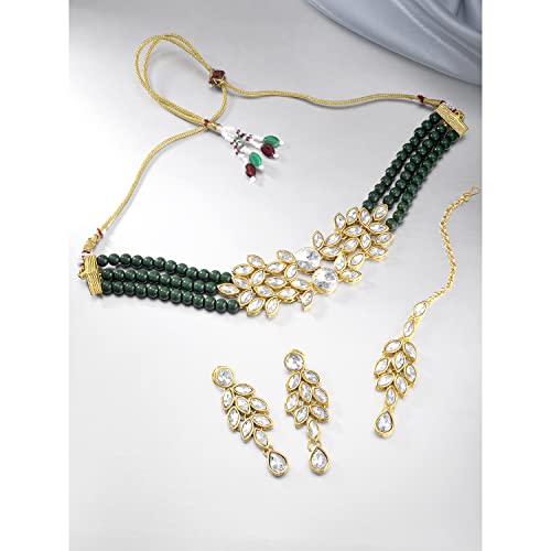 Image of Peora Gold Plated Bridal Crystal Pearl Choker Necklace with Drop Earrings Traditional Jewellery Set for Women