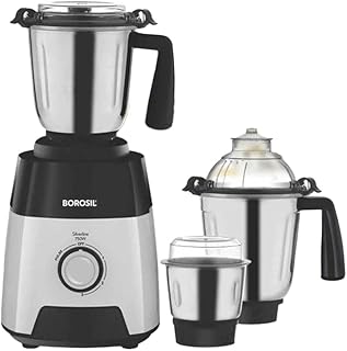 Borosil Silverline Mixer Grinder, for Wet/Dry Mixing & Grinding, 750 Watts, 3 Stainless Steel Jars (400 ml Chutney Jar, 1.5 L Blending Jar, 1.2 L Dry/Wet Grinding Jar), Mixie for Kitchen