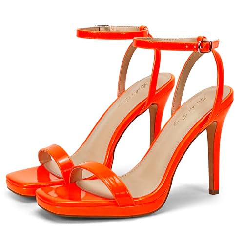 Elisabet Tang Women’s Stilettos Heeled Sandals Open Square Toe Heels,4.3 Inch Open Toe Strappy Sexy High Heels Ankle Strap Buckle Heels for Party Wedding Dress Daily Wear Shoes Orange Size 9