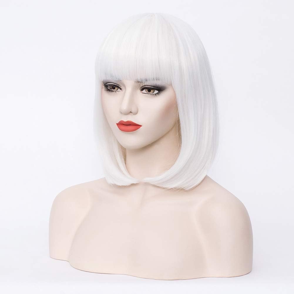Colorfulpanda Short White Bob Wig with Fringe Fashion Natural Looking Silky Straight Synthetic Heat Resistant Hair Wig for Women Unisex Daily or Party,white - Image 3