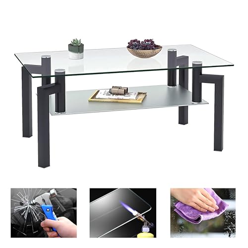 Timoau Rectangle Tempered Glass Coffee Table, Metal Leg Glass Coffee Tables for Living Room, Clear Glass Coffee Table, Modern Accent Rectangle Table with Lower Shelf, Black Style 2