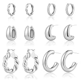 ALLHOLA Silver Hoop Earrings for Women, 6 Pairs 14k Gold Plated Huggie Hoops Earrings Set Hypoallergenic, Lightweight Chunky Twisted Hoop Earrings for Women Trendy Jewelry Gifts. (B-silver earrings)