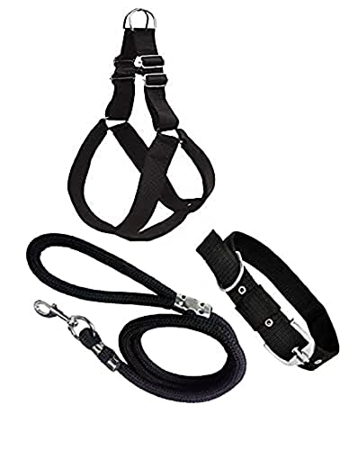Image of Combo Pack of Nylon Padded Chest Belt Breathable Harnesss, Adjustable Neck Collar and Durable Rope for Your Pet Dogs for All Breeds Large Black