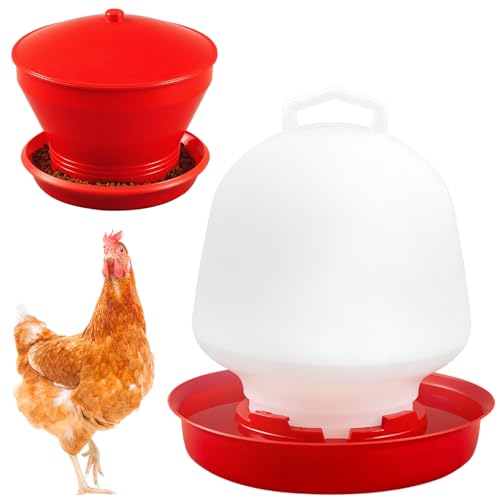 Maxdot 4.8 Gallon/42.4 Pounds Automatic Chicken Feeder & Waterer Set Large Capacity Hanging Automatic Poultry Feeder & Waterer for Chickens & Livestock