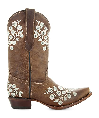 Soto Boots Women's Floral Embroidery Cowgirl Boots, Geniune Leather Handcrafted Boots M50059 Brown4