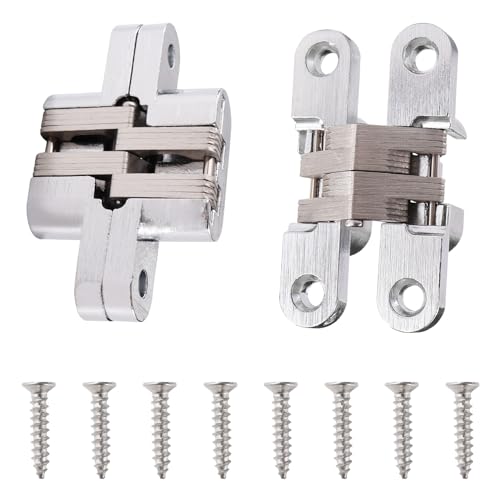 VooGenzek 2 Pezzi 60mm Cerniere Invisibile a Croce, Cerniera Nascoste Invisibili a 180 Gradi, Cerniere Nascoste per Porta in Lega di Zinco, con 8 Pezzi Viti, per Mobili Hardware, Argento