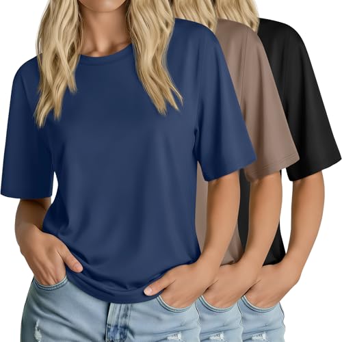 Huukeay 3 Pack Women's Half Sleeve T-Shirts, Crew Neck Elbow