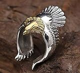 LVTING Men's 925 Silver Hawk Ring Skyhawk Sculpture Biker Band Freedom Vintage US Eagle Unique Finger Ring Adjustable Opening (Silver Gold), Small, Silver