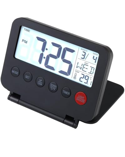 Digital Travel Alarm Clock, Alarm Clocks Bedside with Backlight Calendar Temperature Snooze, Mini Portable LCD Display Clock, Small Folding Battery Operated Desk Clocks for Home(Batteries Not Included
