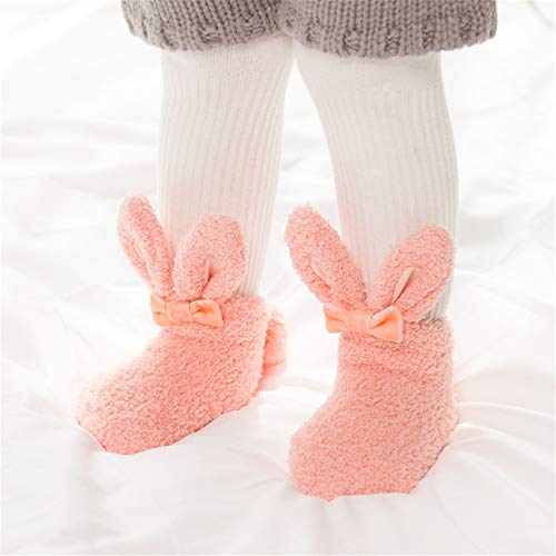 Winter Thick Coral Fleece Baby Girls Boys Socks Cute Rabbit Long Ear Rabbit Warm Non-slip Socks Girls Soft Toddler Socks (Medium, Pink)
