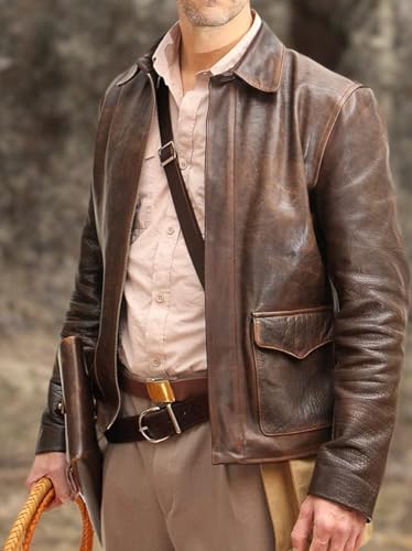 Mens Raiders of The Lost Ark Brown Leather Jacket - Distressed Harrison American Bomber Coat (L, Brown)3