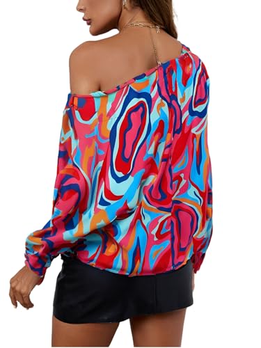 GORGLITTER Women's Colorful Off Shoulder Work Blouse Top Long Sleeve 70s Asymmetrical Neck Business Casual Shirts2