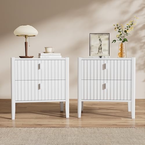 Image of Furniway Nightstand Set of 2, Modern End Table with Solid Wood Legs, Bedside Table with 2 Drawers and Metal Handles for Bedroom, White