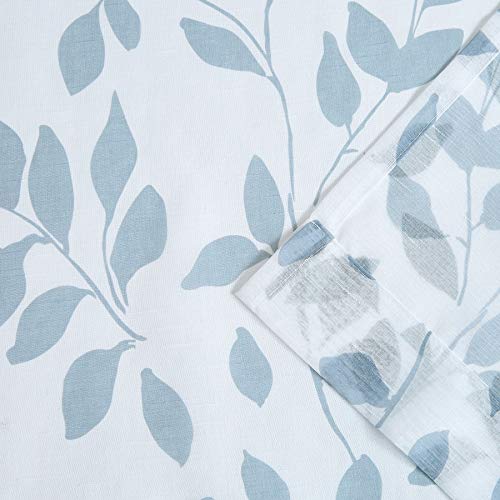 Image of Blue Leaves White Sheer Curtains for Living Room Bedroom 95 inches Long Filter Light Modern Botanical Print Drapes Semi Sheer Linen Textured Curtain Panels for Yard Patio Basement Laundry Room 2pcs