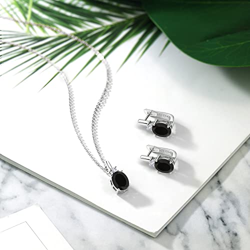 Gem Stone King 925 Sterling Silver Black Onyx And White Created Sapphire Pendant Earrings Set For Women (6.05 Cttw, Gemstone Birthstone, With 18 Inch Silver Chain) #TOP3