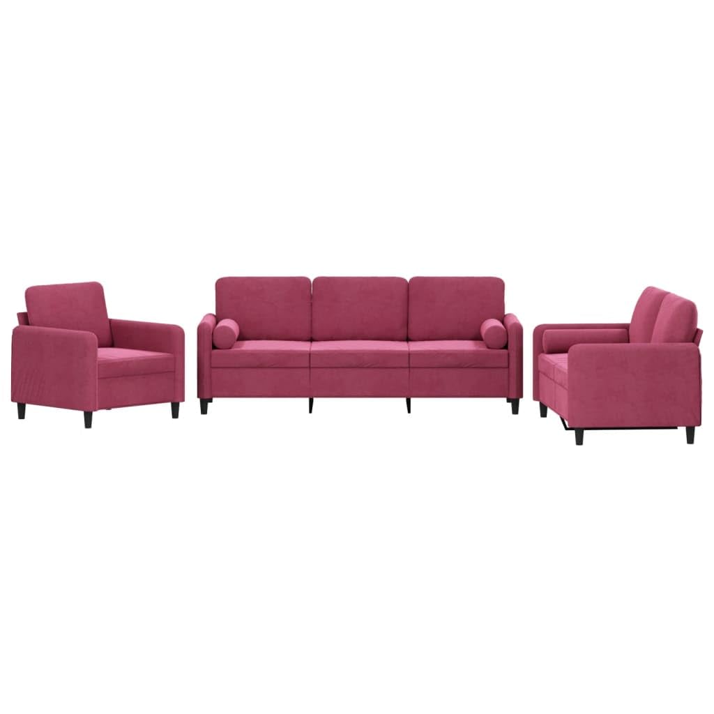 Juego de sofás de 3 piezas con cojines rojo vino de terciopelo – Componible moderno con 4 cojines de rodillo y 6 respaldos – Estructura robusta de madera contrachapada y metal para salón
