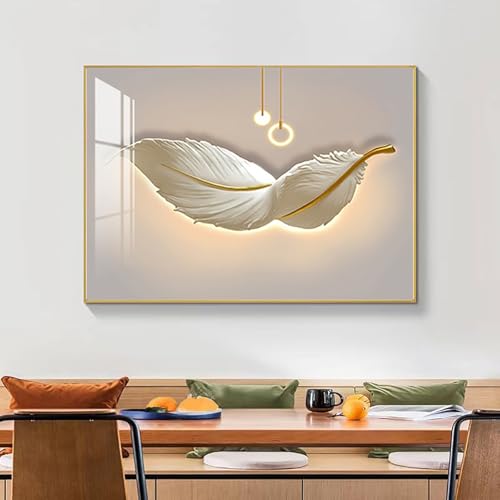 Moderno Tapa Cuadro Electrico Decorativo, Tapa Contador Luz, Caja de Interruptores Montada en la Pared con Pintura de Patrón de Plumas(Gold,50x40cm/20x16in)