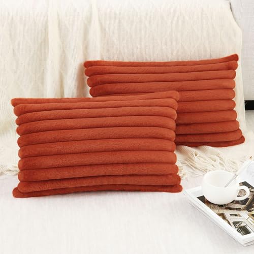 Image of Pallene Faux Fur Plush Fall Throw Pillow Covers 12x20 Set of 2, Luxury Soft Fluffy Striped Decorative Pillow Covers for Sofa, Couch, Living Room, Rust