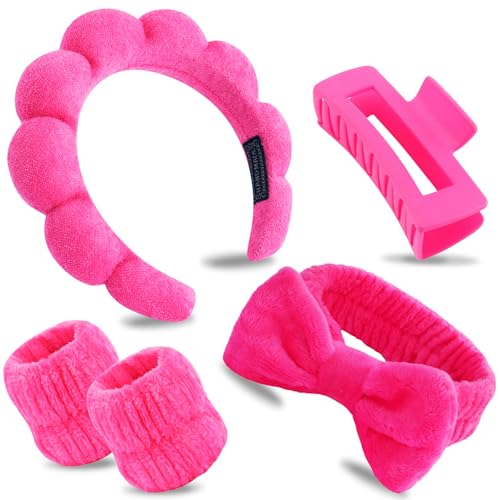 Canitor Spa Headband Wrist Bands Set with Hair Clips Skincare Skin Care Makeup for Washing Face Hot Pink Gifts for Women Preppy Tween Teen Girl Cute Trendy Stuff