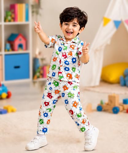 Image of 3BROS Unisex Pure Cotton Short Sleeve Kids Night Dress for Boys & Girls Nightwear /Sleepsuit /Sleepwear /Loungewear Night Suit for Boys and Girls Top and Pyjama Combo Set