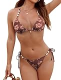 ZAFUL Women's Brown Floral Triangle String Bikini Set Sexy Tie Side Two Piece Swimsuit Seashell Halter Bathing Suit Cute Swimwear, Medium