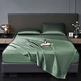 Revdomfly 4 Pcs Queen Size Luxury Silky Soft Emerald Green Satin Sheet Set,1 Premium Moisture Wicking Fitted Sheet Fits Up to 16 Inches Deep Pocket + 1 Flat Sheet + 2 Pillowcases（Emerald Green, Queen）