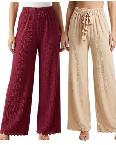 Image of Women Pack of 2 Pleated Palazzo Pants | Free Size (M to 3XL) | Elastic Waist with Drawstring | Soft Stretch Fabric | Casual, Office