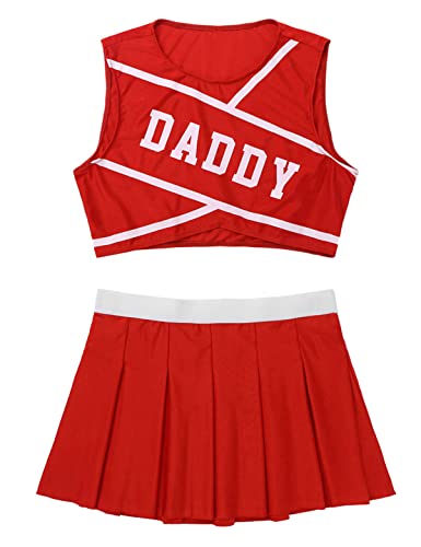 Jeeyjoo Women's Daddy Print Schoolgirls Cheerleading Uniform Outfits Crop Tank Top With Pleated Skirt Red Small #TOP4