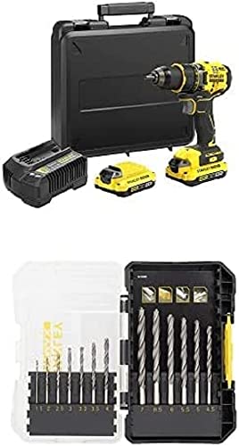 Stanley FatMax 18V 2-Gang Akku-Bohrschrauber SFMCD720D2K (2.0Ah, 80 Nm, bürstenloser Motor mit Vollmetallgetriebe, inkl. 2 Akkus, Ladegerät + Stanley FatMax 13-tlg. Metallbohrer-Set STA88553