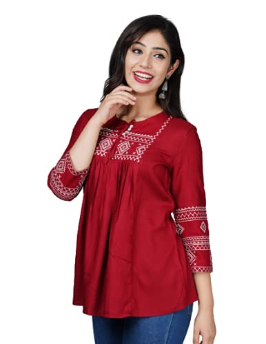 WISHLISTRayon Women Embroidered Tops (Small, Maroon)