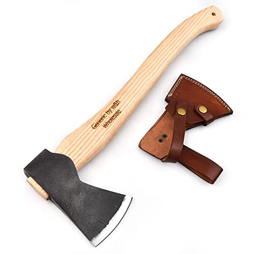 Handmade Primer Wooden Axe with Leather Sheath - Multipurpose Forest Axe with Heavy-Duty High Carbon Steel Blade for Camping, Hunting, Cutting Wood, Felling Trees, Survival - Portable Tool - 19x7x0.9