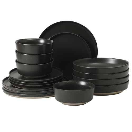 Image of Gibson Elite Overbrook 16-Piece Pottery Clay Stoneware Dinnerware Set - Black Reactive Glaze, Stackable Plates and Bowls W /Pasta Bowl, Service for 4 - Microwave & Dishwasher Safe