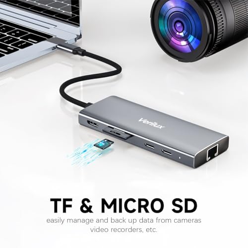 Image of Verilux Multiport USB C Hub 10 In 1 USB C Hub with 100Mbps Ethernet Port, 4K@60Hz HDMI SD /TF Card Slots, Supports 100W PD Fast Charging & 5 Gbps Data Transmisson Portable USB C Hub for PC, Laptop, PS