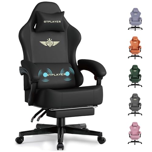 Image of GTPLAYER Gaming Chair with Pocket Spring Cushion, Big and Tall Gamings Chairs 350LBS High Back Computer Chair with Footrest for Adults Lumbar Support Swivel Game Chair for Office,Leather Black-Massage