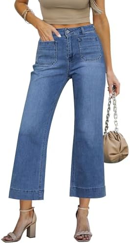 LookbookStore High Waisted Crop Jeans for Women Blue Petite Jeans Baggy for Woman Denim Outfits Size Small Size 4 6