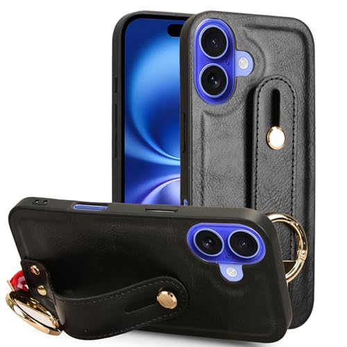 LMFULM® Coque pour Apple iPhone 16 (6,1 Pouces) PU Cover Lanière Poignet Étui de Protection PC Dur Housse Arrière Rigide Case avec Décapsuleur et Support...