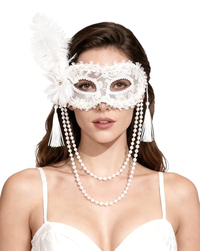 Zinniday White Masquerade Mask for Women - Feather Venetian Masks with Pearl Tassels 1920s 50s Party Eyemask for Women Lady Couples Halloween Renaissance Cosplay Renfaire Prom Dress Up